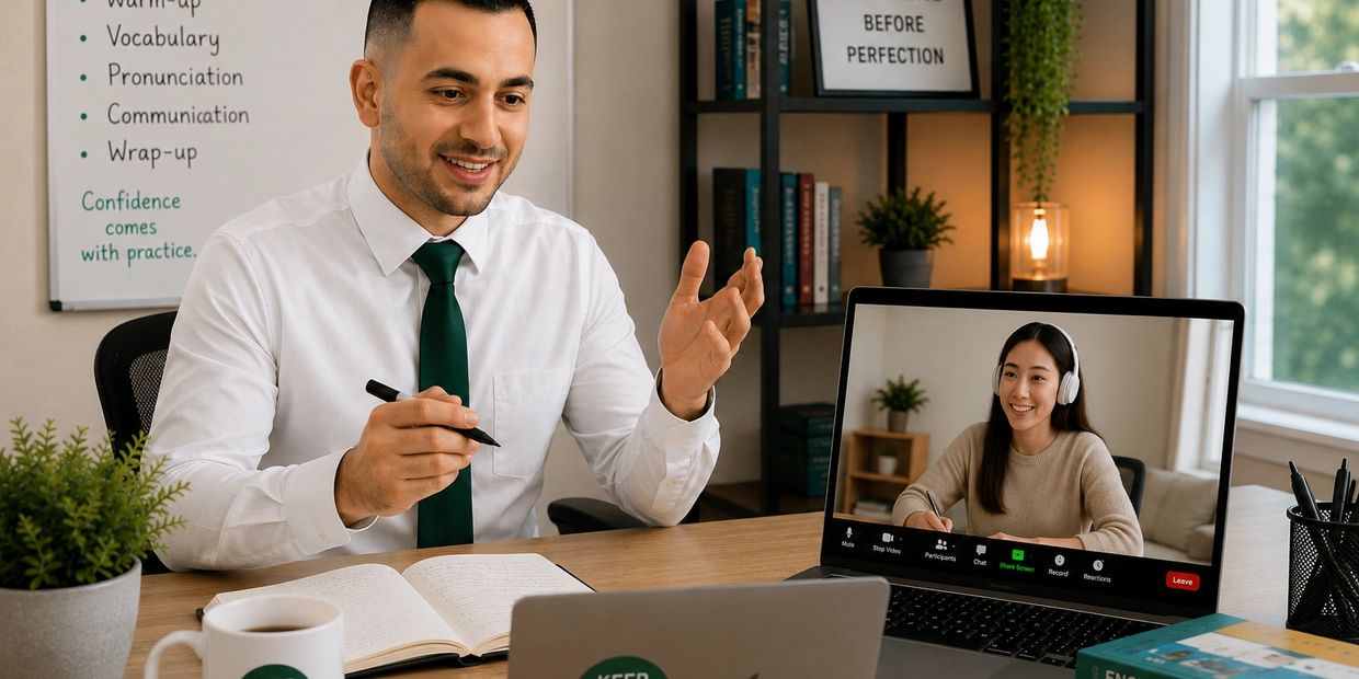 Mehdi teaching English to a student over Zoom in a cozy learning environment.