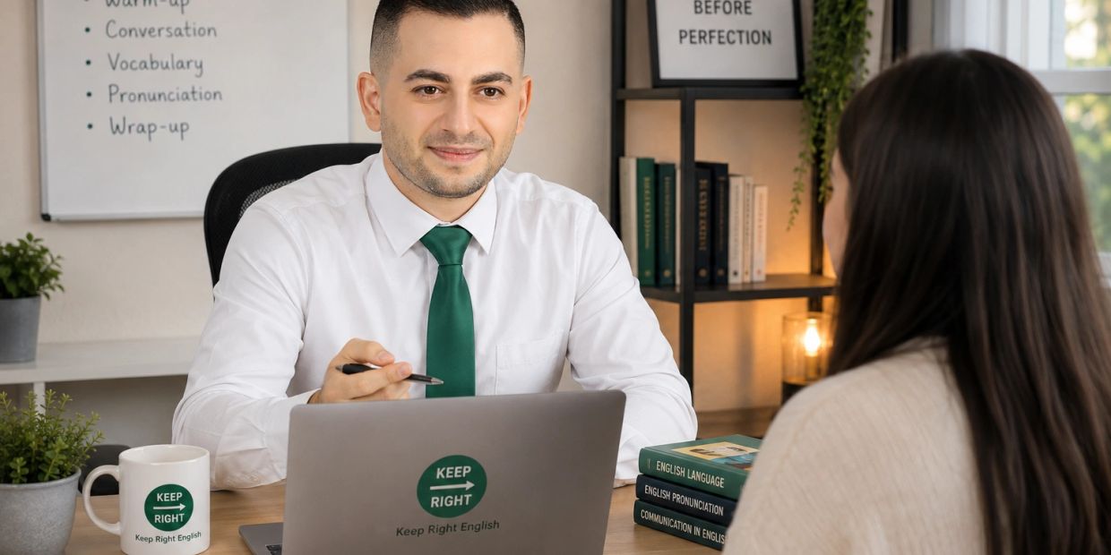 A man teaching English to a woman in a cozy learning environment.