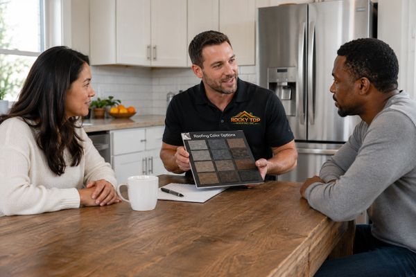 Roofing consultant shows color options to a couple at a kitchen table.