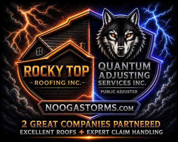 Logo featuring Rocky Top Roofing and Quantum Adjusting Services with storm background.