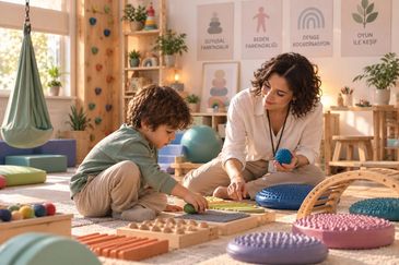 Çocuk ve öğretmen Montessori materyalleriyle oynuyor.