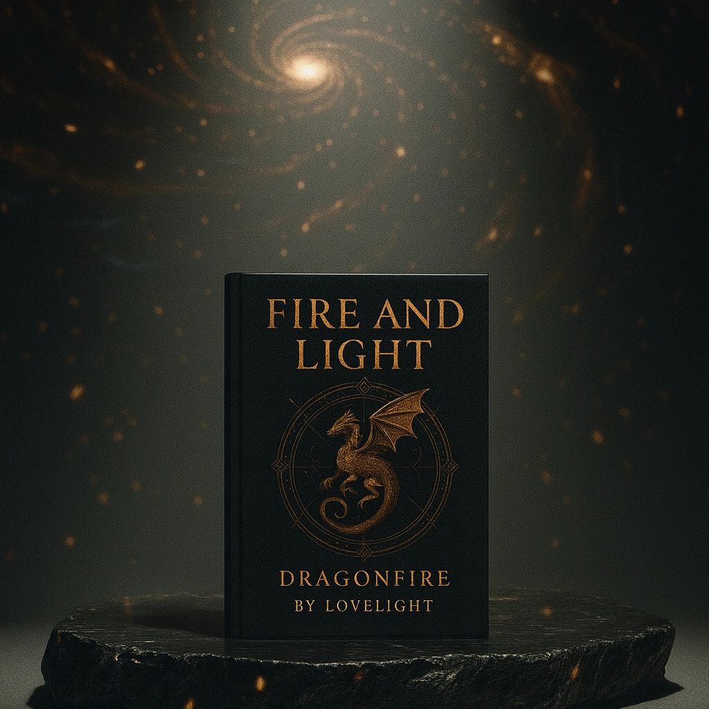 A fantasy book titled 'Fire and Light' with a dragon emblem illuminated by a spotlight.