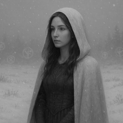 A woman in a hooded cloak stands in a snowy landscape with mysterious symbols in the background.