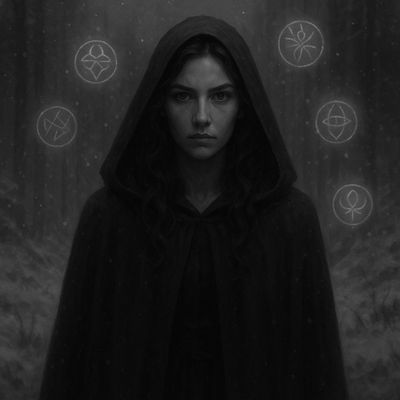 Mysterious woman in dark hooded cloak with glowing magical symbols in a misty forest.