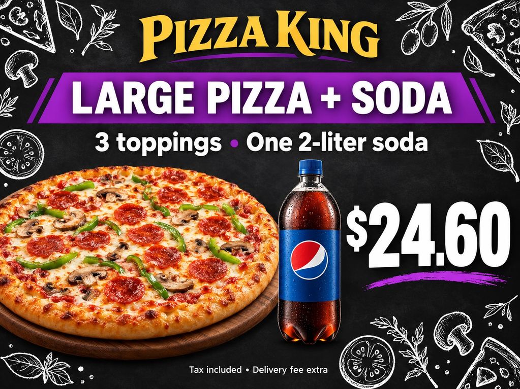 Pizza + Soda: Large 3-topping pizza and one 2-liter soda for $24.60.