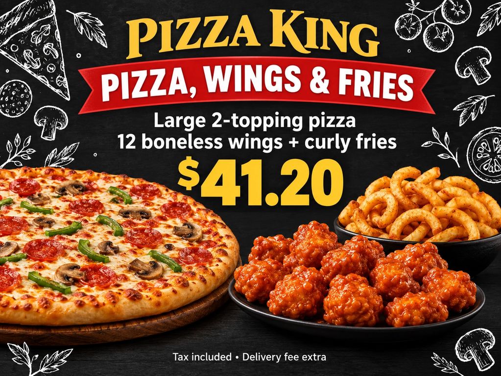 Pizza, Wings & Fries: Large 2-topping pizza, 12 boneless wings, and curly fries for $41.20.