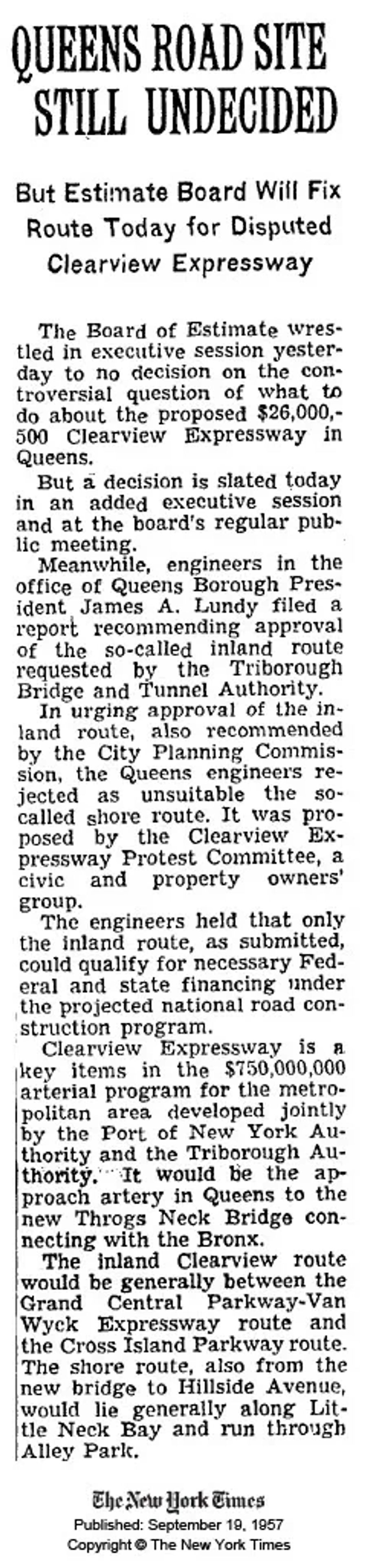 September 1957 New York Times article about the choice of route for the Clearview Expressway. 