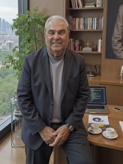 Elderly man in a suit smiling in an office with a city view and a laptop.