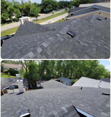 Two aerial views of a newly shingled residential roof on a sunny day.