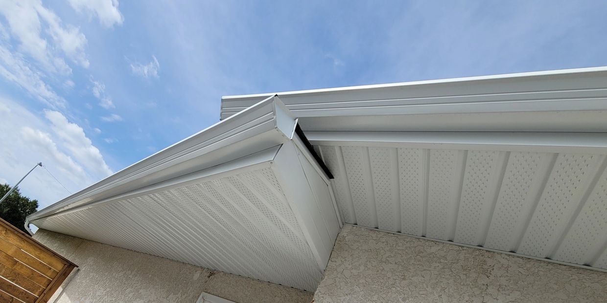 Close-up of a house's roof edge with white soffit and fascia against a blue sky.