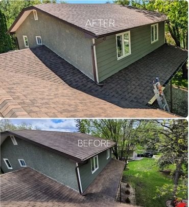 Before and after roof renovation showing clean new shingles.
