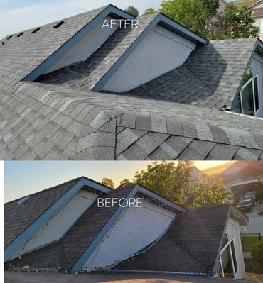 Before and after photos of a roof repair and shingle replacement.