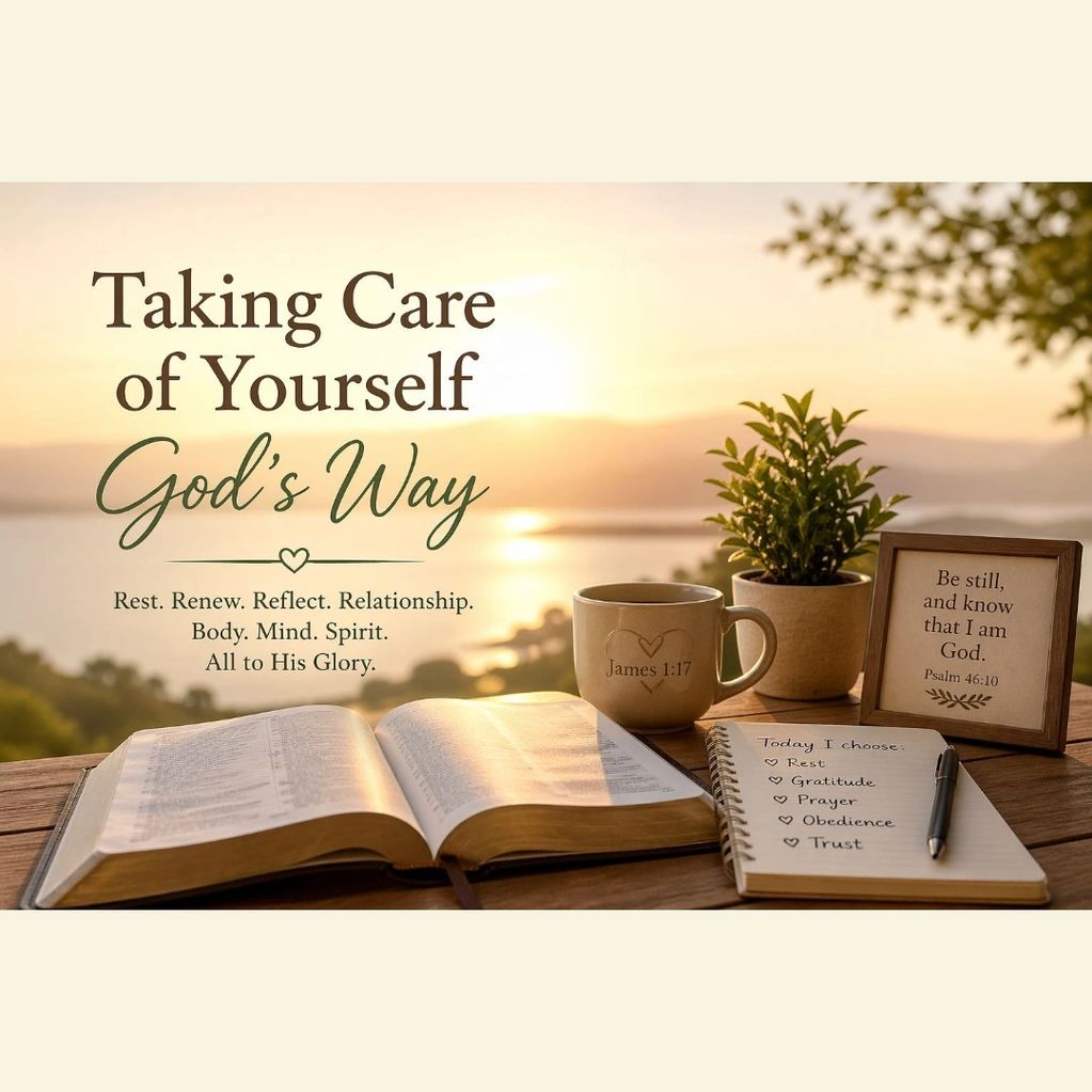 A peaceful setup with an open Bible, a notebook, and a coffee cup at sunset, emphasizing spiritual self-care.