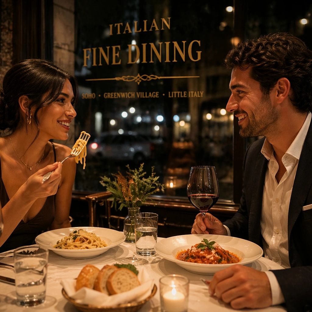 Couple enjoying Italian fine dining with pasta and wine.