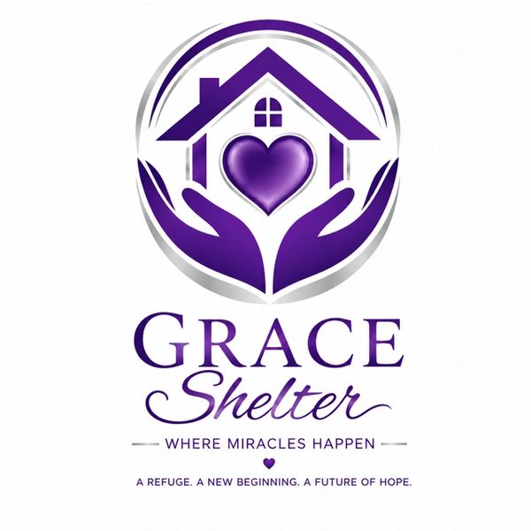 Logo for Grace Shelter with a house, heart, and hands in purple.