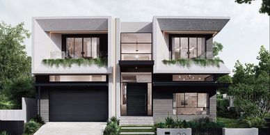 Modern two-story duplex with large windows and greenery accents.