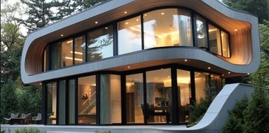 Modern two-story house with curved architecture and large glass windows.