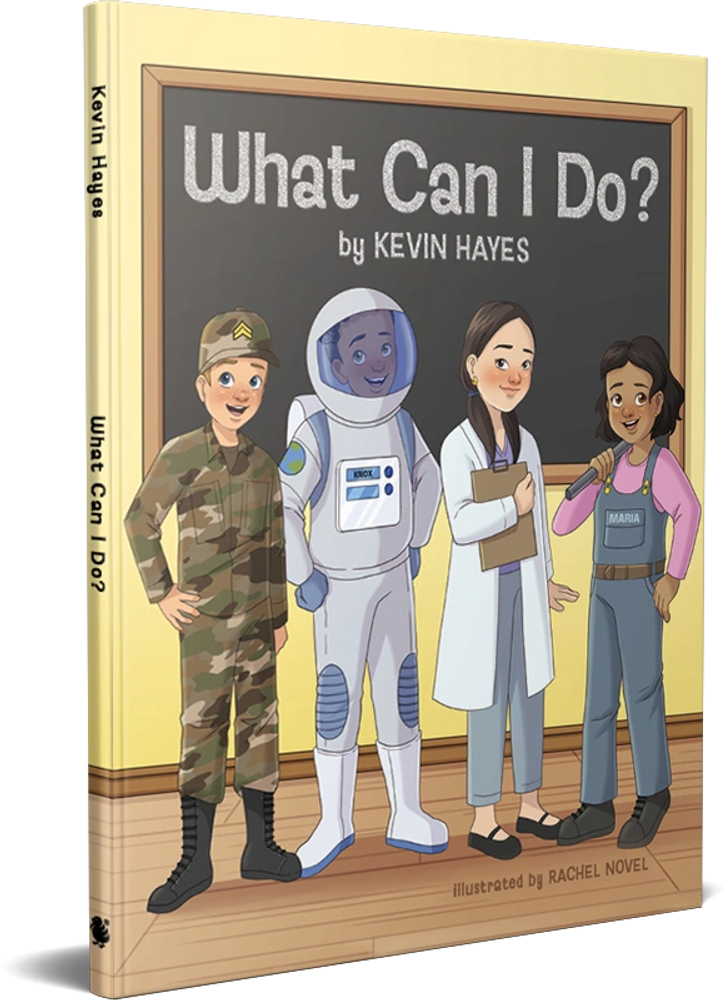 Children dressed as a soldier, astronaut, scientist, and singer on a book cover titled 'What Can I Do?'.