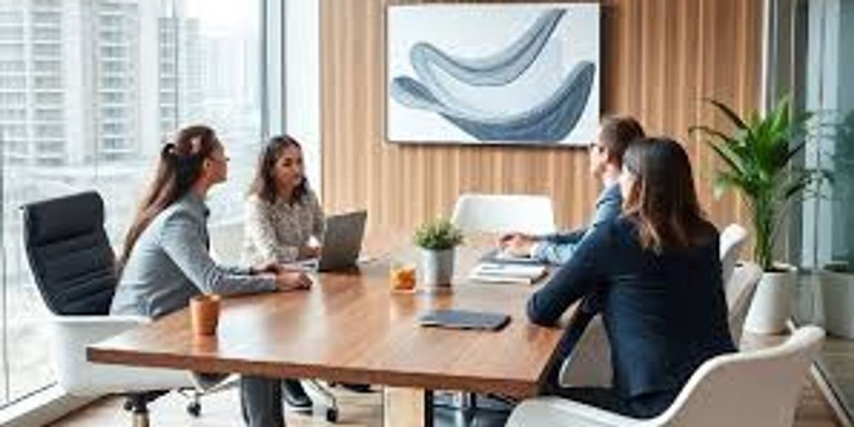 Four professionals engaged in a meeting around a wooden table in a modern office.