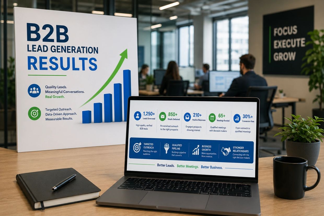 A laptop and poster displaying B2B lead generation results in a modern office.