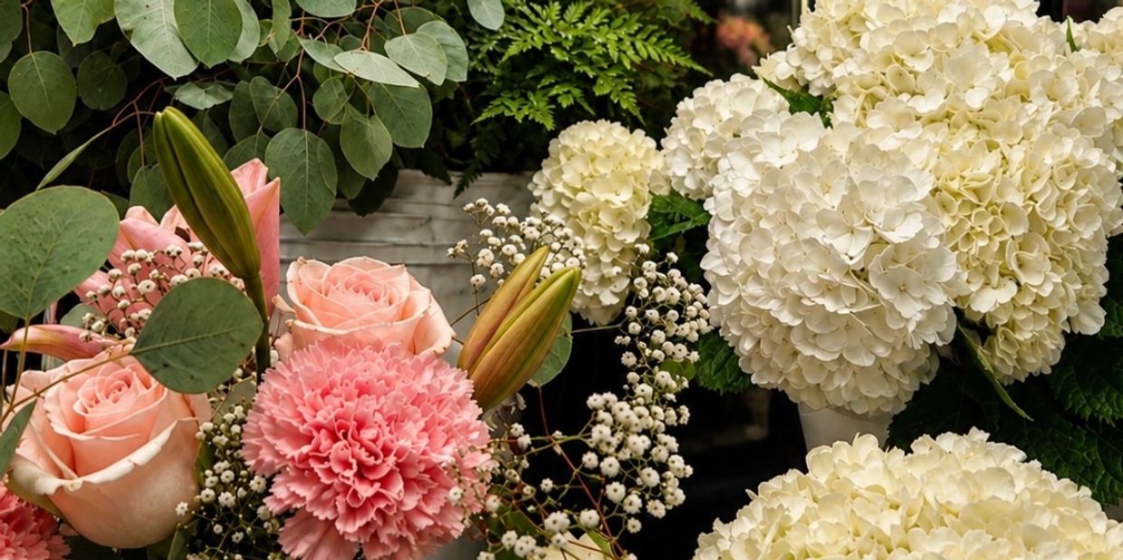 Bouquet of pink and white flowers with green leaves.