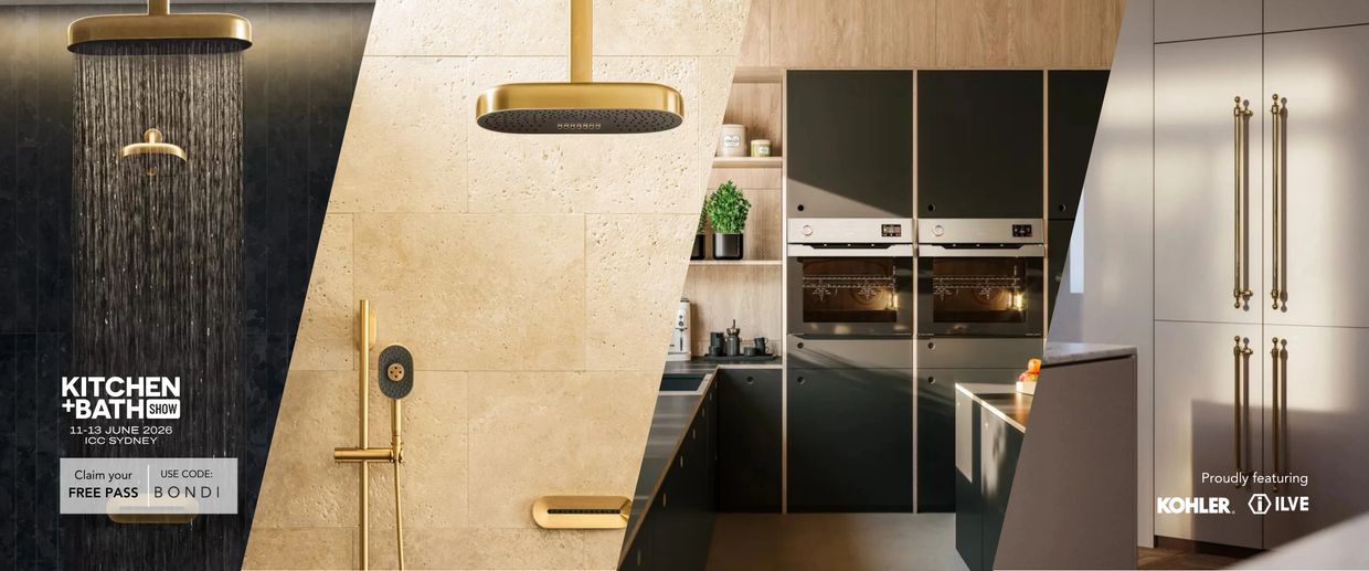 Modern kitchen and bath design featuring gold fixtures and sleek appliances at Kitchen + Bath Show 2026.