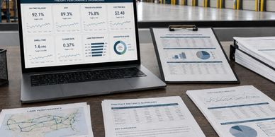 Workspace with laptop and printed analytics reports on a wooden table.