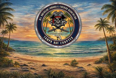 Pirate-themed logo over a tropical beach sunset with palm trees.