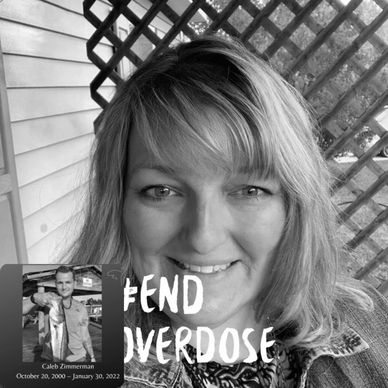 Black and white selfie of a smiling woman with an overlay to end overdose.