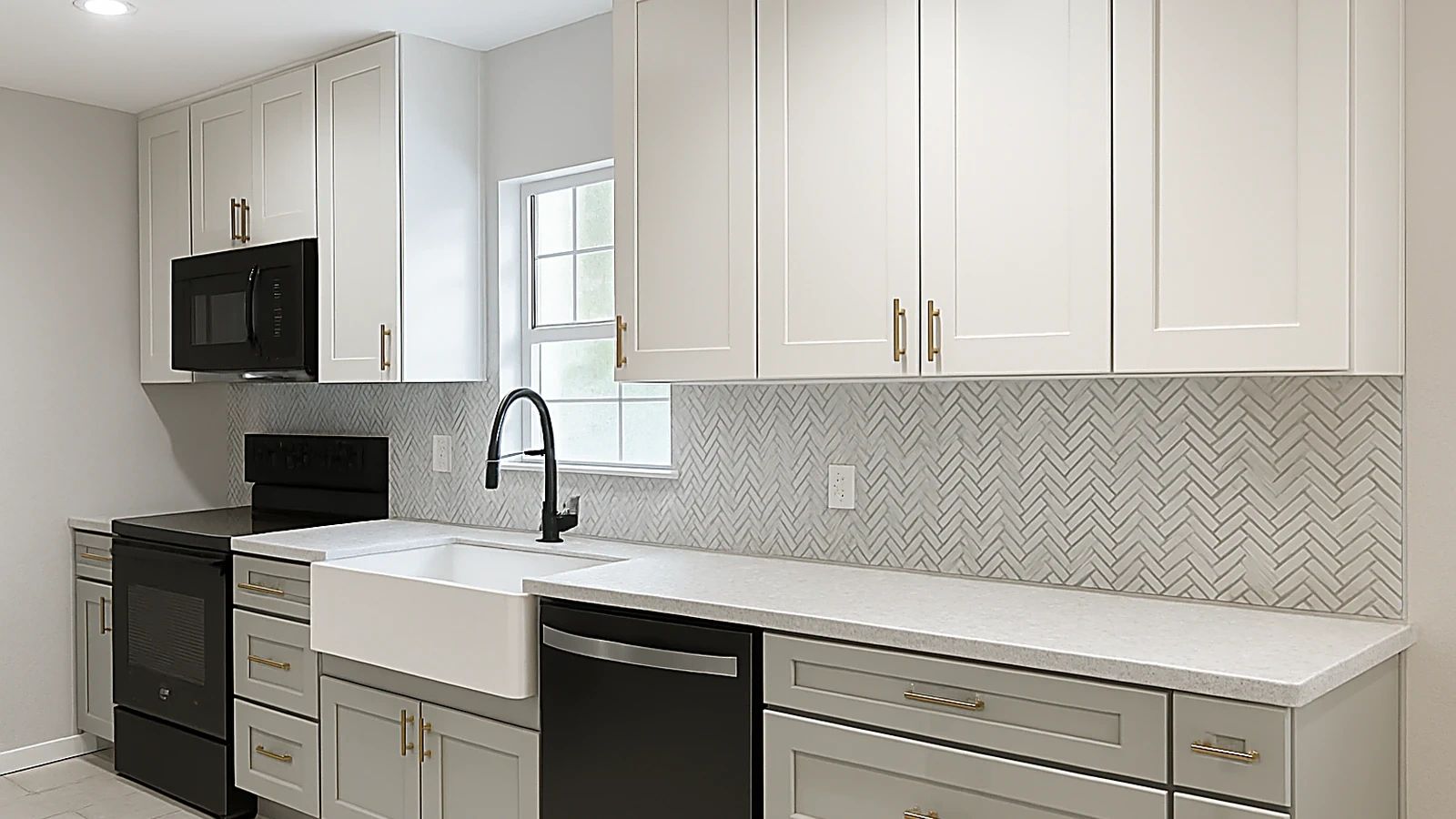 Modern remodeled kitchen with white shaker cabinets, farmhouse sink, black appliances.