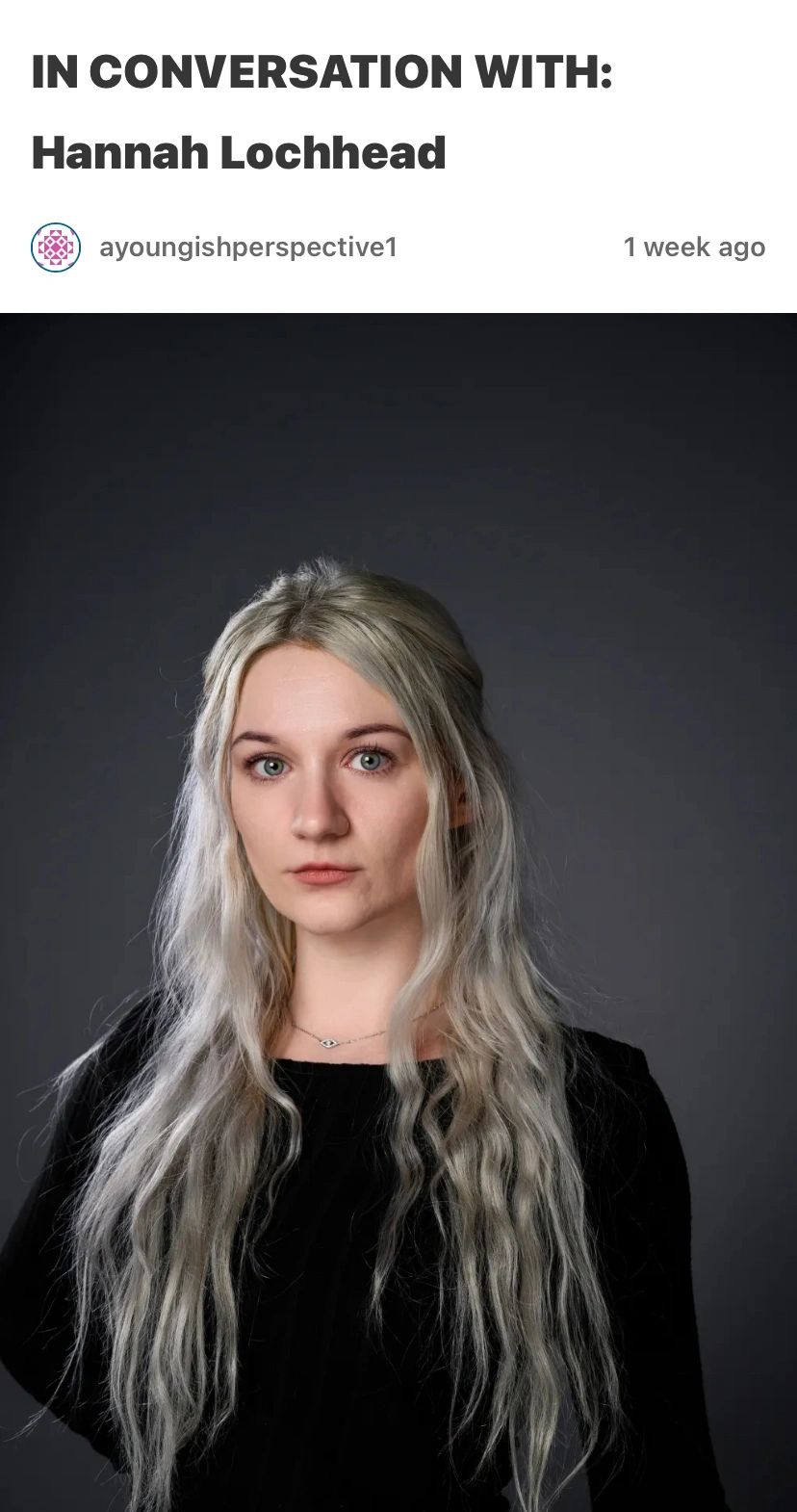 Portrait of Hannah Lochhead with long blonde hair and a serious expression.