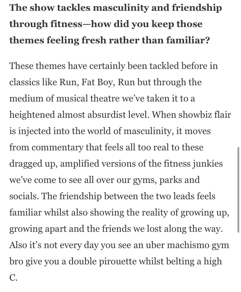 Text discussing masculinity and friendship themes in a show using musical theatre.