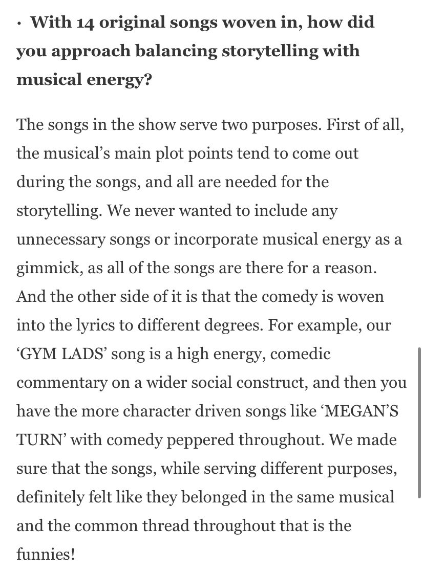Explanation of balancing storytelling and musical energy in a show with 14 original songs.