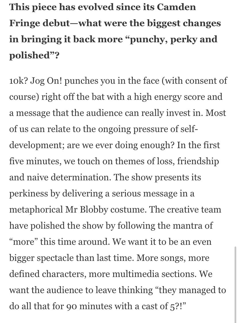 Text discussing the evolution of a performance called Jog On! with themes of self-development and a polished production.