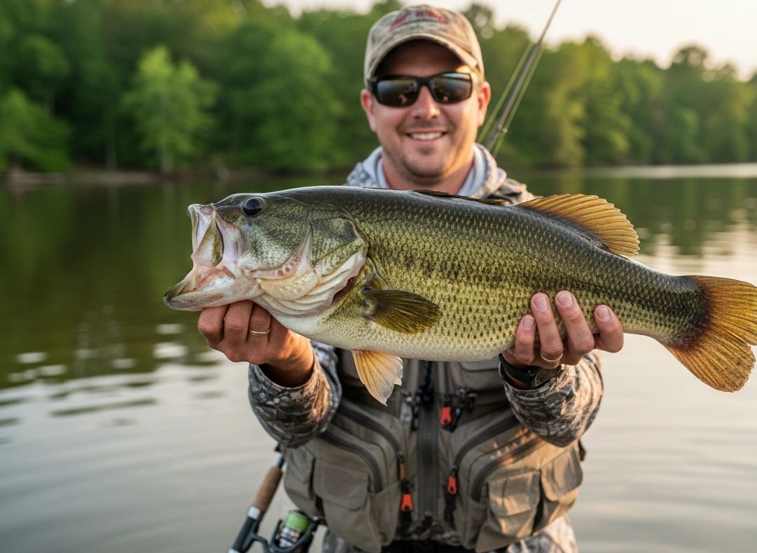 Man proudly holding a large fish he caught during fishing.