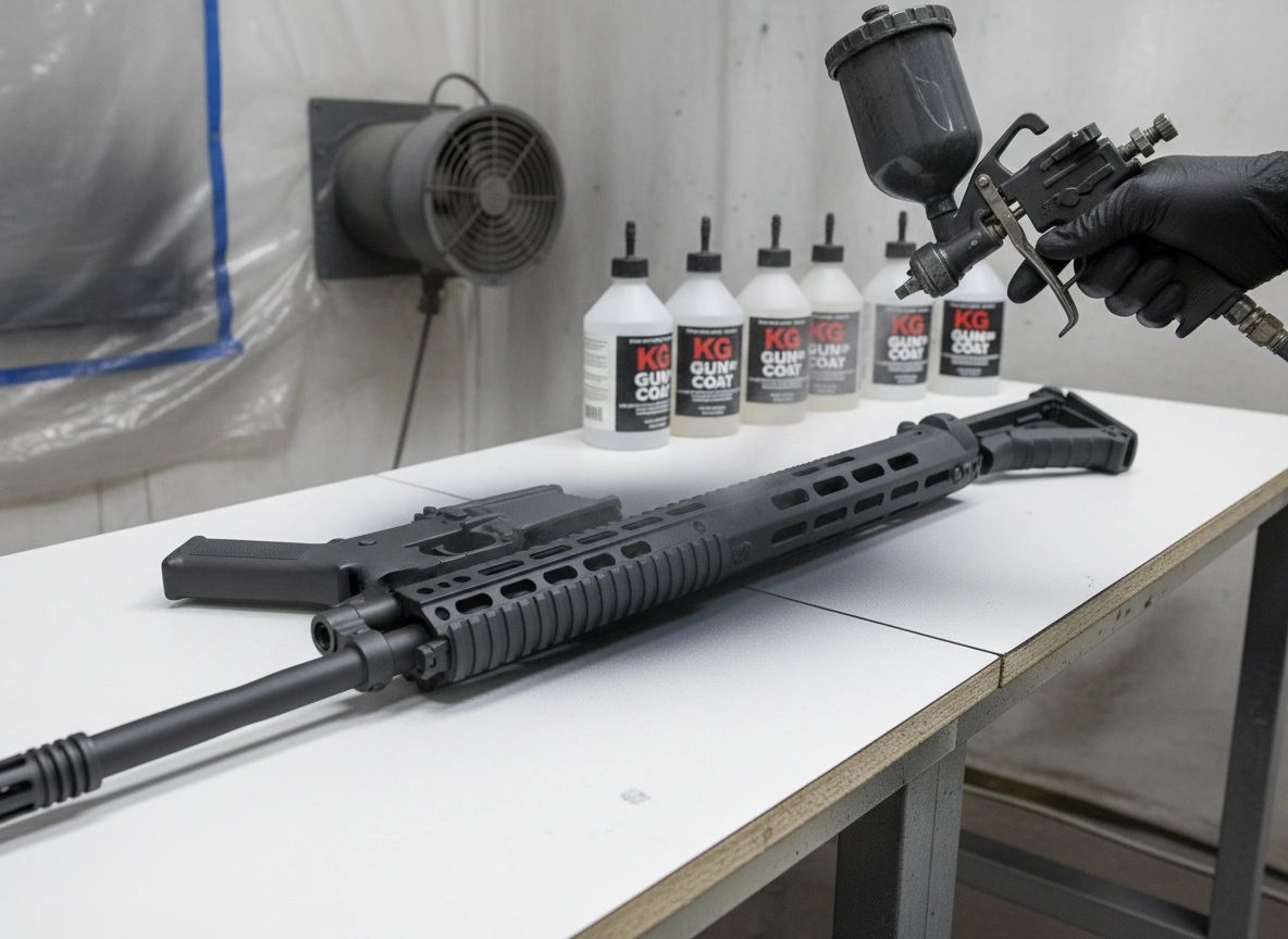 A rifle being spray-painted black on a worktable with gun coating bottles in the background.