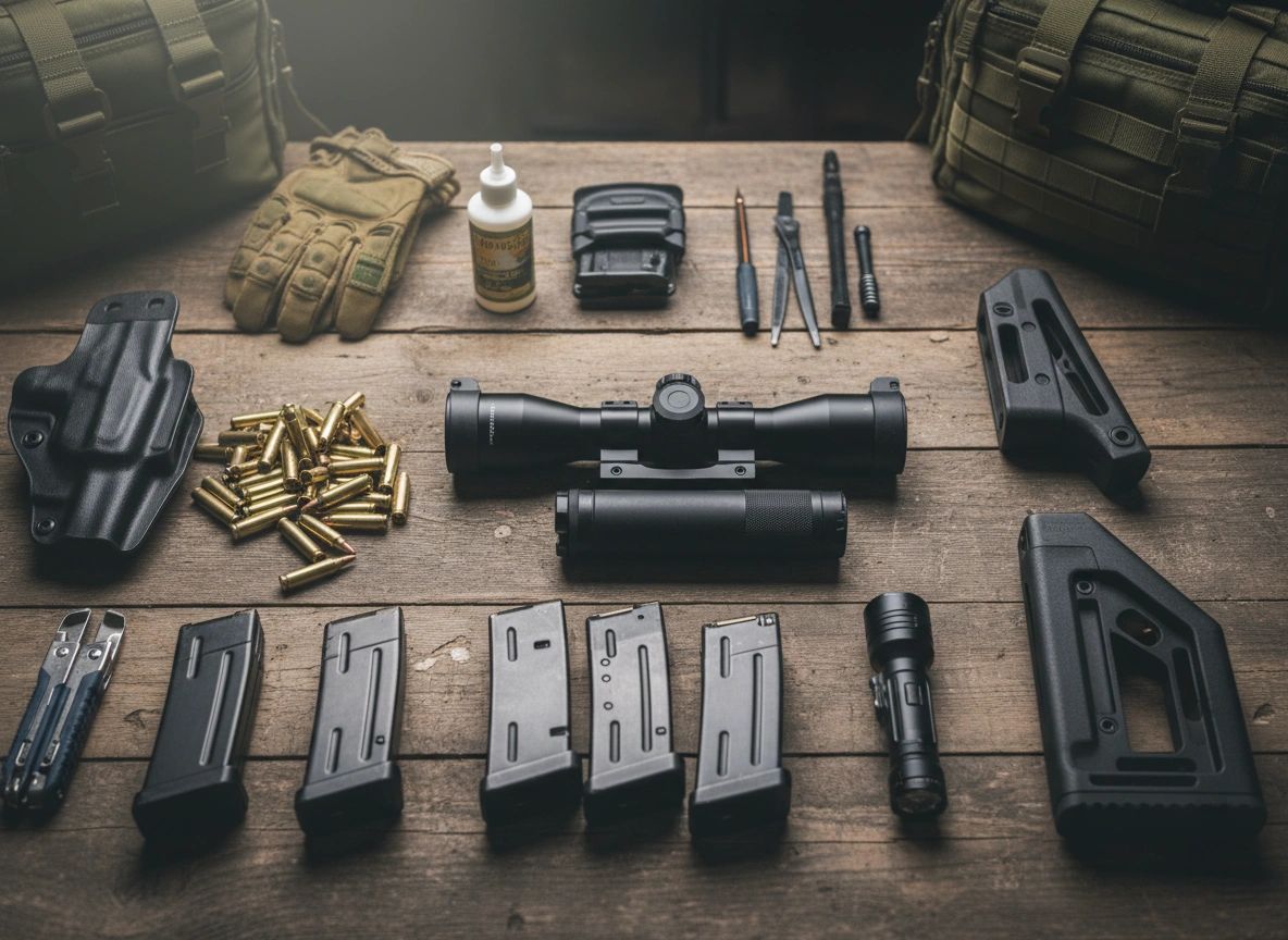Gun accessories and ammunition neatly arranged on a wooden surface.