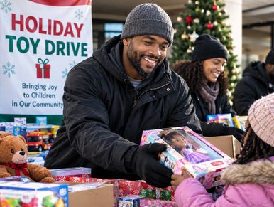 Man hands a toy to a child at a holiday toy drive.