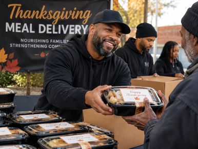 Volunteers handing out Thanksgiving meals.