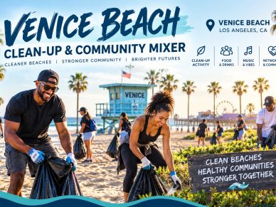 Venice Beach community clean-up event with people collecting trash.