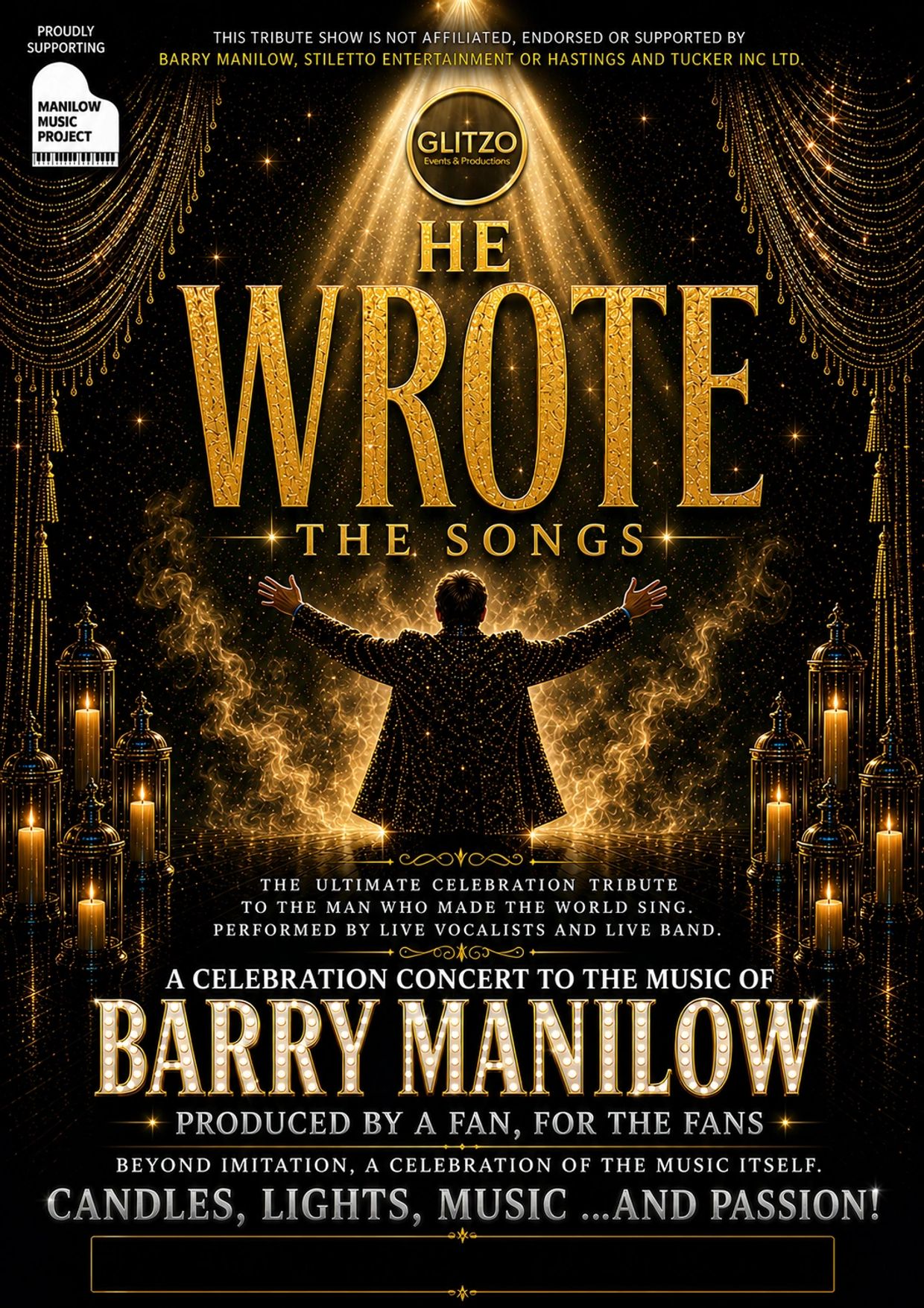 Tribute concert poster for Barry Manilow called 'He Wrote the Songs'.
