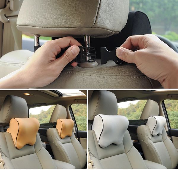 Arto Pillow - Memory Foam being attached to a car headrest with the adjustable strap. 
