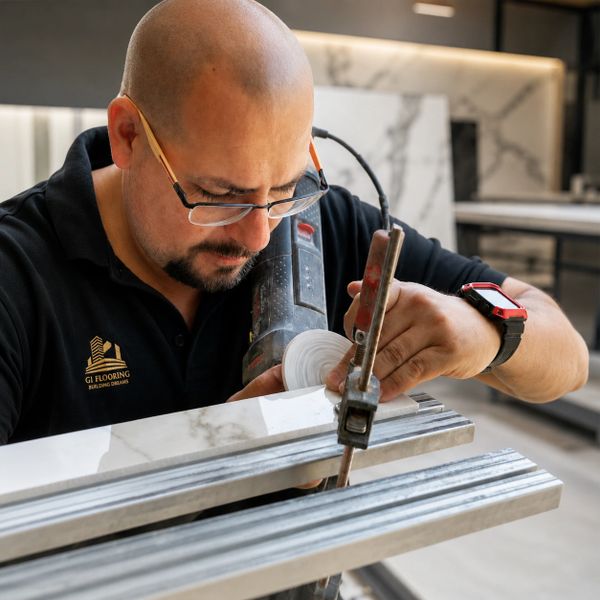 Craftsman carefully grinding a tile edge with a power tool.