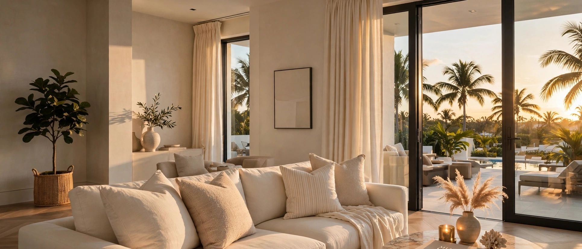 Cozy modern living room with sunset view and tropical outdoor scenery.