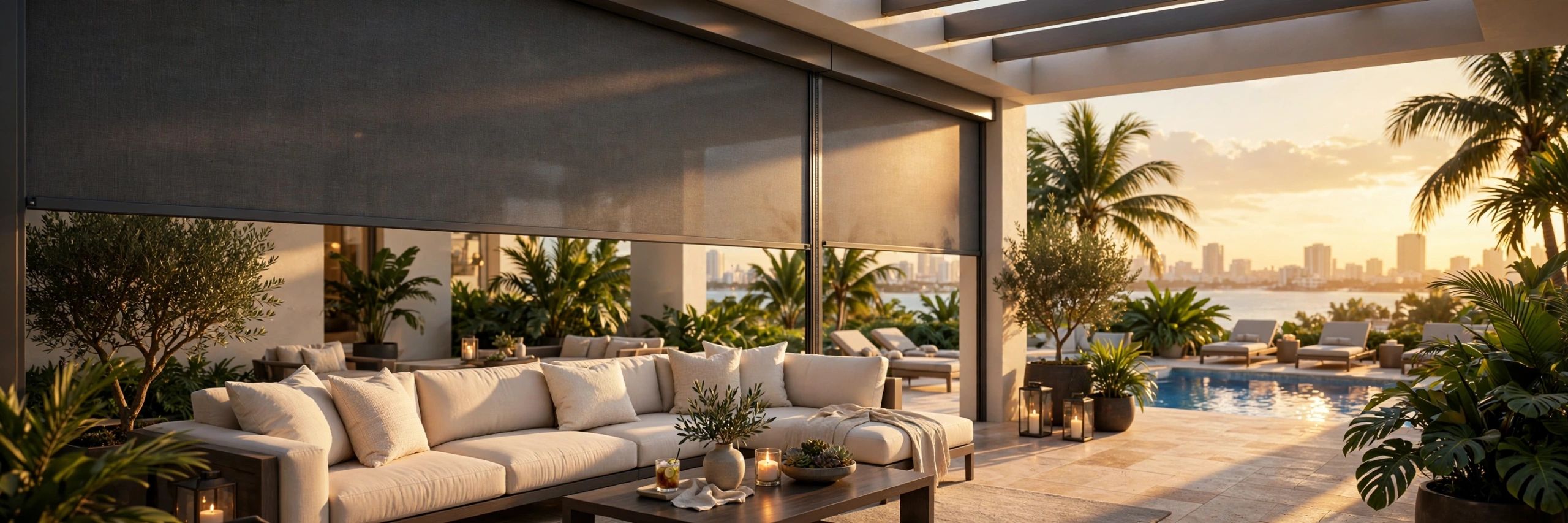 Luxurious outdoor patio with pool and city view at sunset.