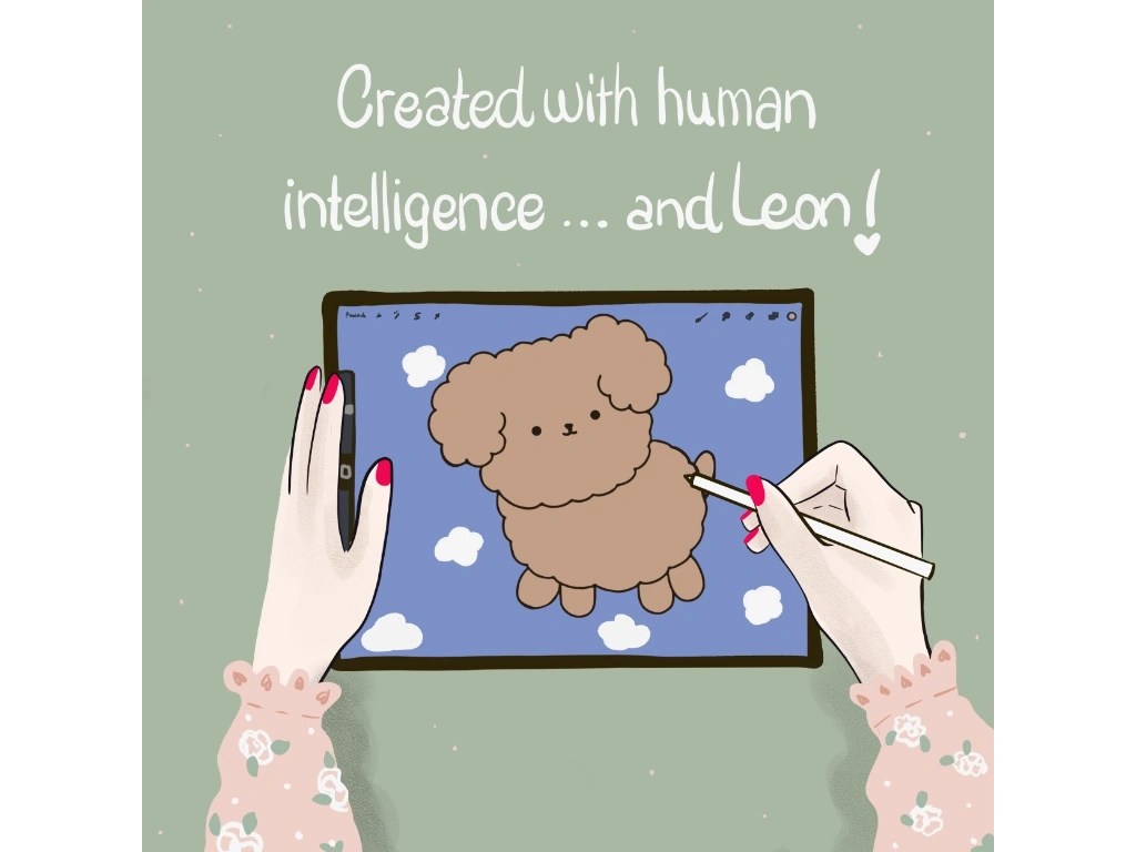 mani che disegnano su iPad cane barboncino con scritta "created with human intelligence and Leon"