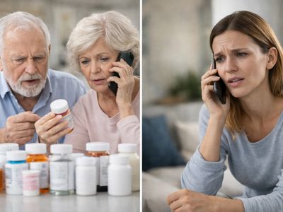 Elderly couple examining medication while woman talks worriedly on phone.