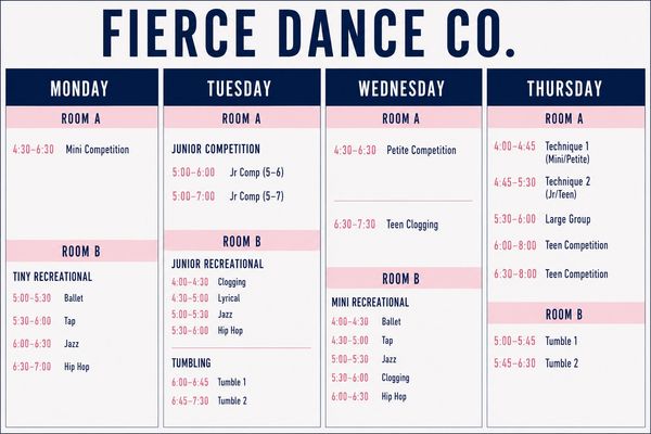 Weekly dance class schedule for Fierce Dance Co.