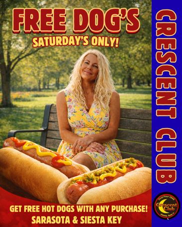 Advertisement for free hot dogs at Crescent Club on Saturday only.