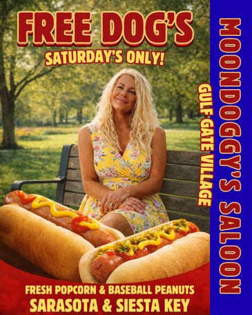 Promotional poster for free hot dogs at Moondoggy's Saloon in Gulf Gate Village on Saturday only.